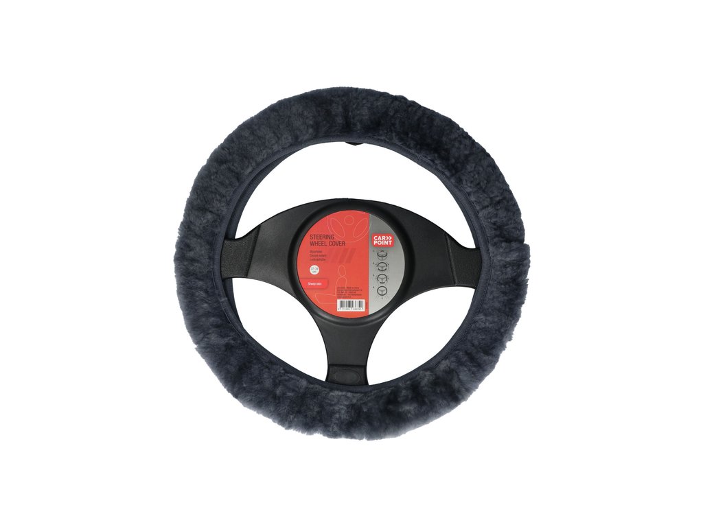 Husă volan din lână naturală neagră, 37-39 cm, Carpoint