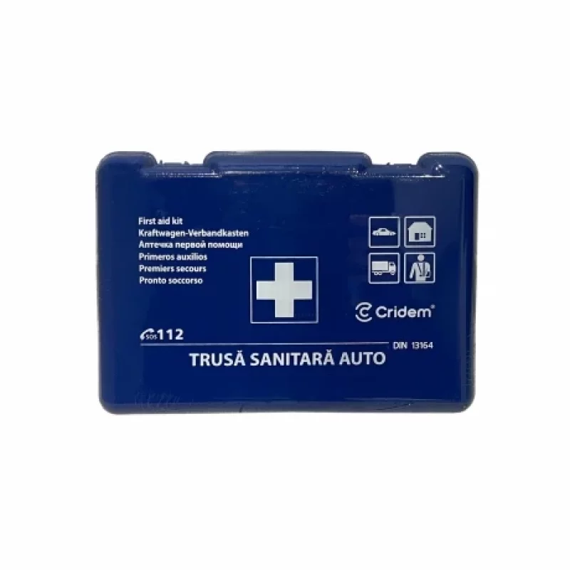 Set prim ajutor auto Cridem cu trusa sanitara, stingator 1 kg si geanta