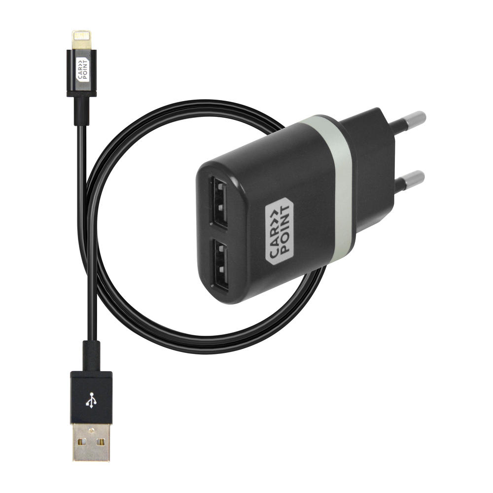 Încărcător priză 2x USB 5V 2.4A cu cablu hibrid MicroUSB și 8 pin