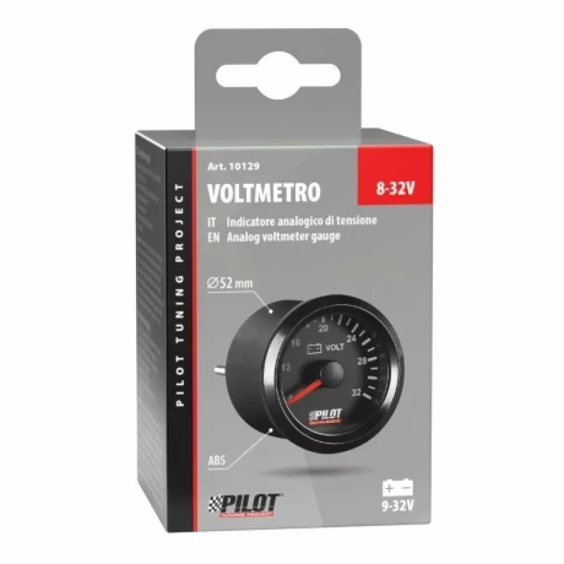 Voltmetru auto analog Black 9-32V, 52 mm, iluminare alba, IP67