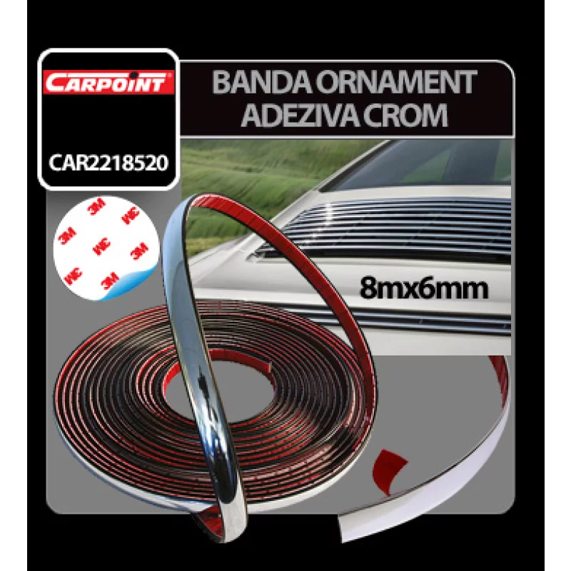 Bandă ornament crom adezivă auto Carpoint, flexibilă, 8 m x 6 mm