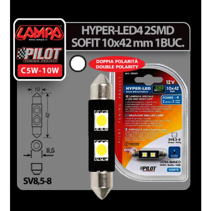 Bec LED sofit 42 mm SV8.5-8 12V alb, 2 SMD, pentru interior auto