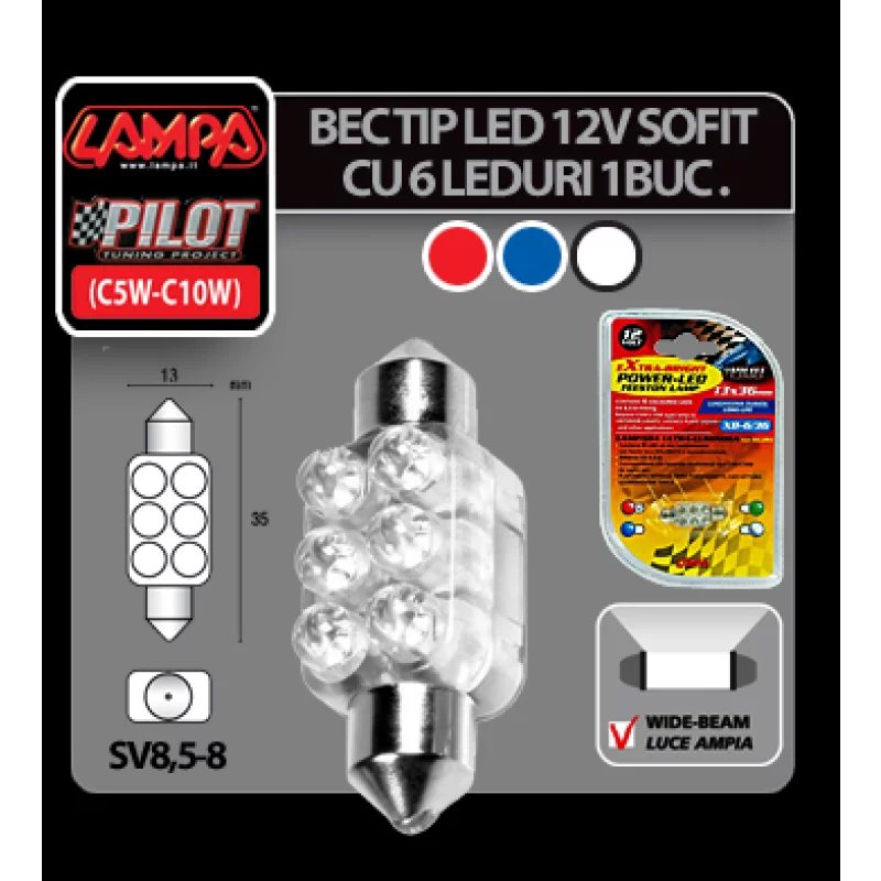 Bec LED auto 12V Sofit SV8.5-8, 6 LED, 13x35 mm, albastru