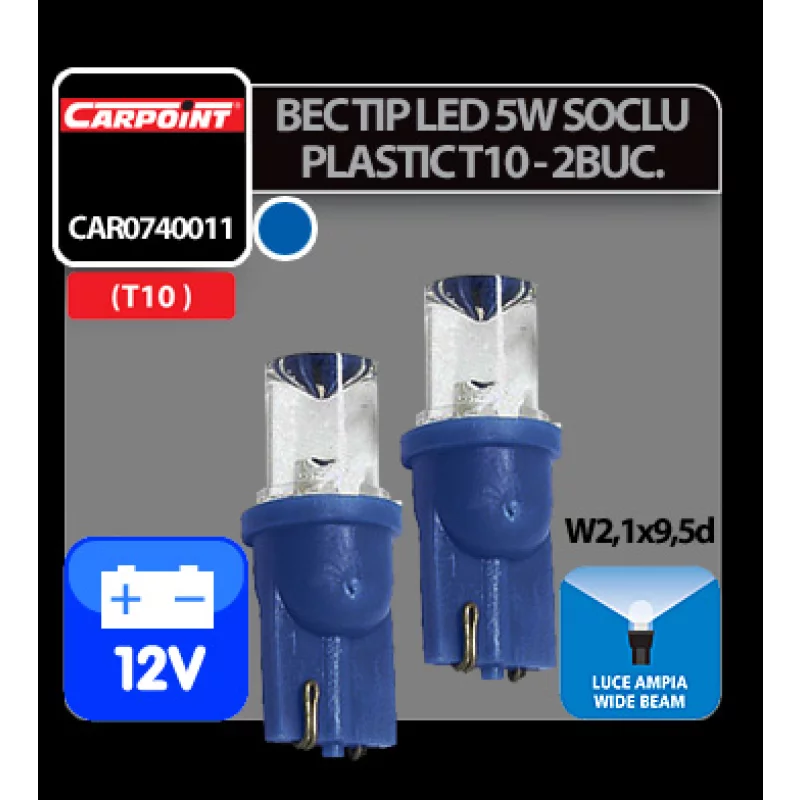 Bec LED auto T10 12V albastru dispersat, 5W, set 2 buc, Carpoint
