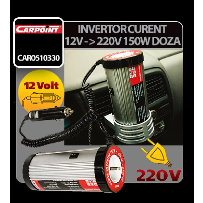 Invertor auto 12V la 220V 150W tip doză Carpoint, compact și sigur
