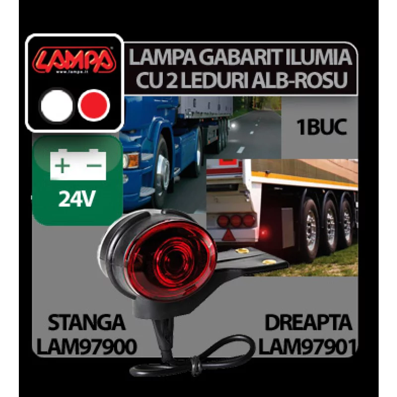 Lampa gabarit camion Ilumia 24V cu 2 LED-uri alb/rosu, montaj stanga