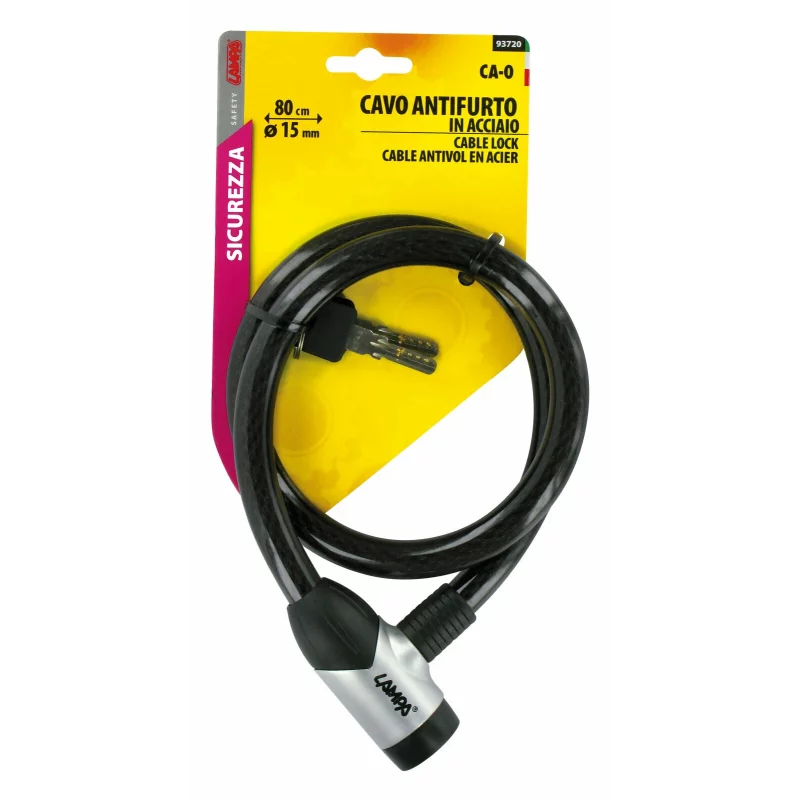 Antifurt cu cablu din otel 15 mm, 80 cm, cu 2 chei, negru