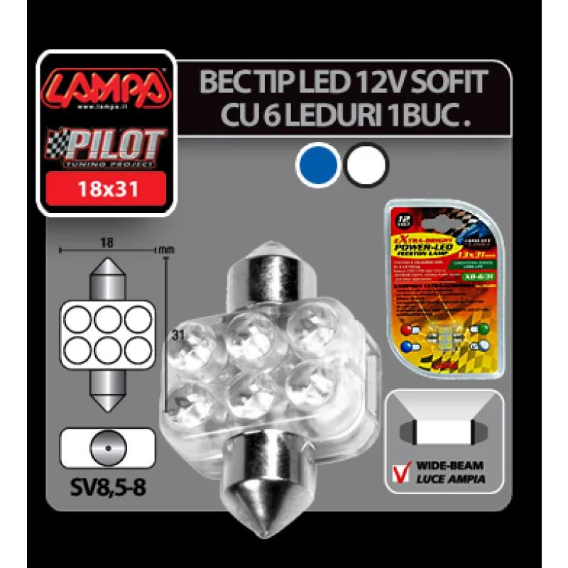 Bec LED Sofit SV8.5-8 12V albastru 18x31mm cu 6 LED pentru interior