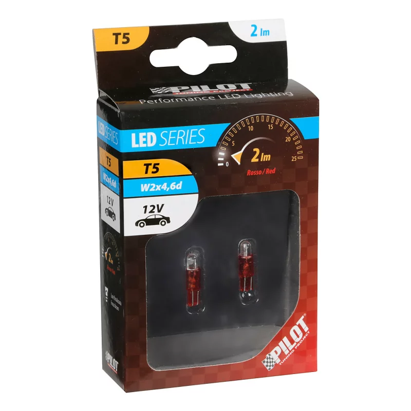 Bec LED T5 12V rosu cu soclu W2x4,6d, set 2 bucati pentru interior auto