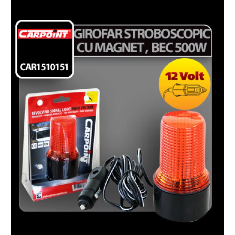 Girofar stroboscopic auto galben 12V cu magnet pentru semnalizare