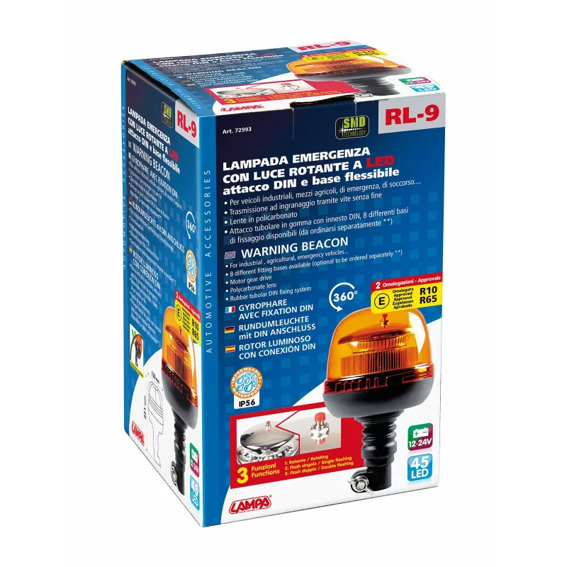 Girofar LED galben stroboscopic 12/24V cu fixare DIN, omologat R65