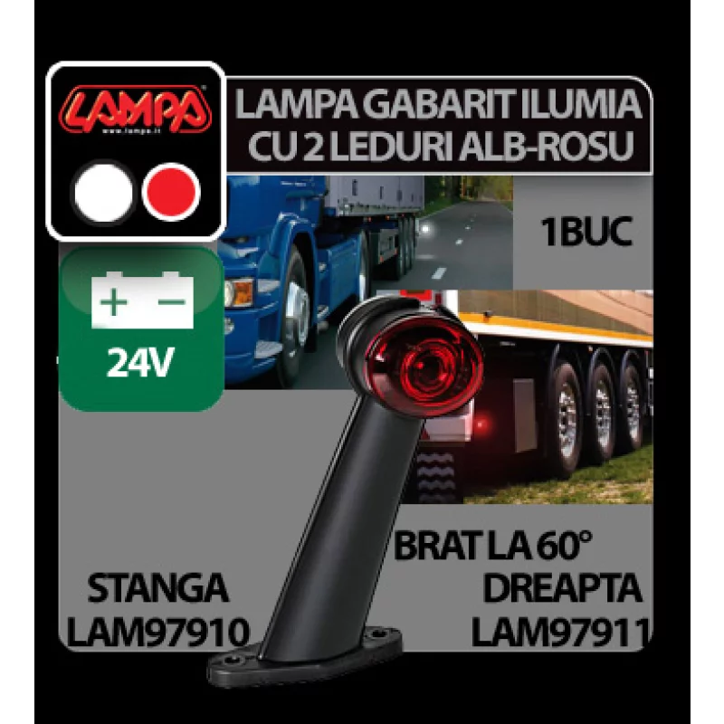 Lampa gabarit camion stanga 24V cu 2 LED-uri, brat 60°, alb/rosu