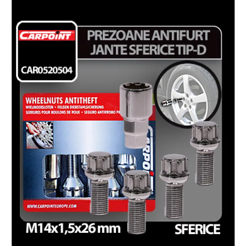 Prezoane antifurt pentru jante sferice M14x1,5 4 buc Tip D resigilat