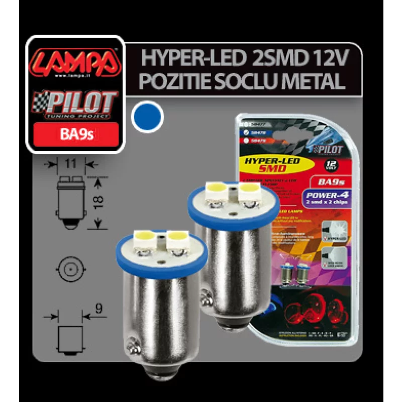 Bec LED BA9s 12V albastru, 2 SMD, set 2 buc pentru iluminare interioara auto