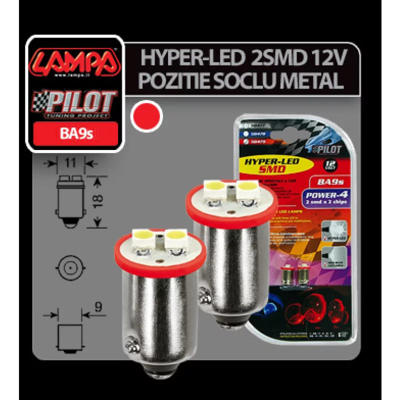 Set 2 becuri LED BA9s rosii 12V Hyper-Led4, 2 SMD, pentru iluminare interioara