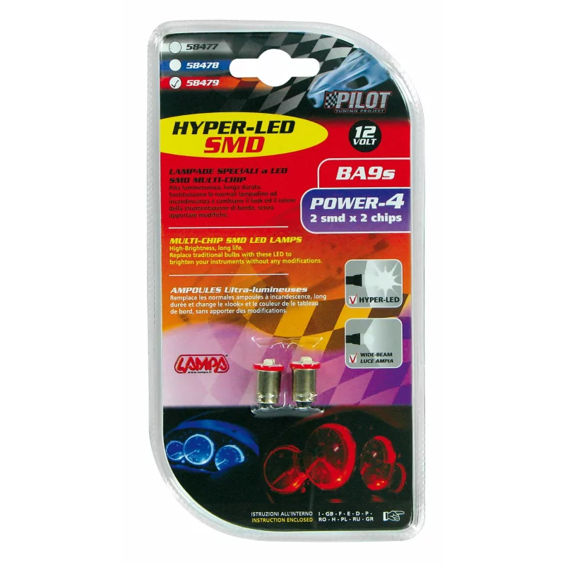 Set 2 becuri LED BA9s rosii 12V Hyper-Led4, 2 SMD, pentru iluminare interioara