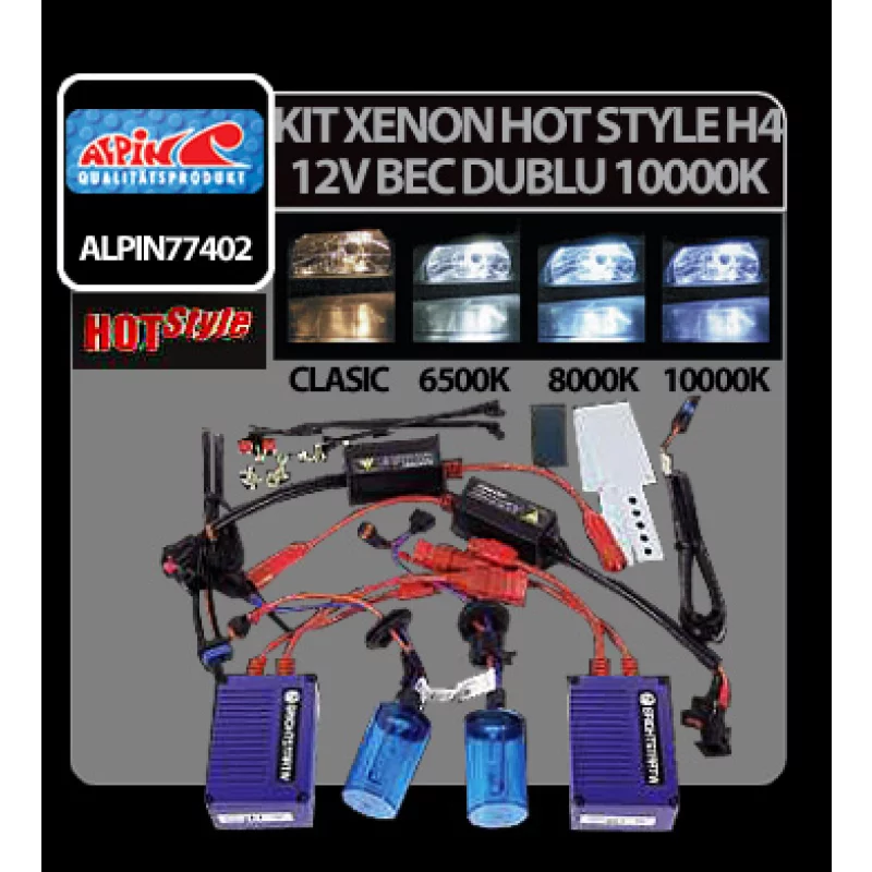 Kit xenon auto H4 bec dublu 12V 10000K Hot Style Alpin