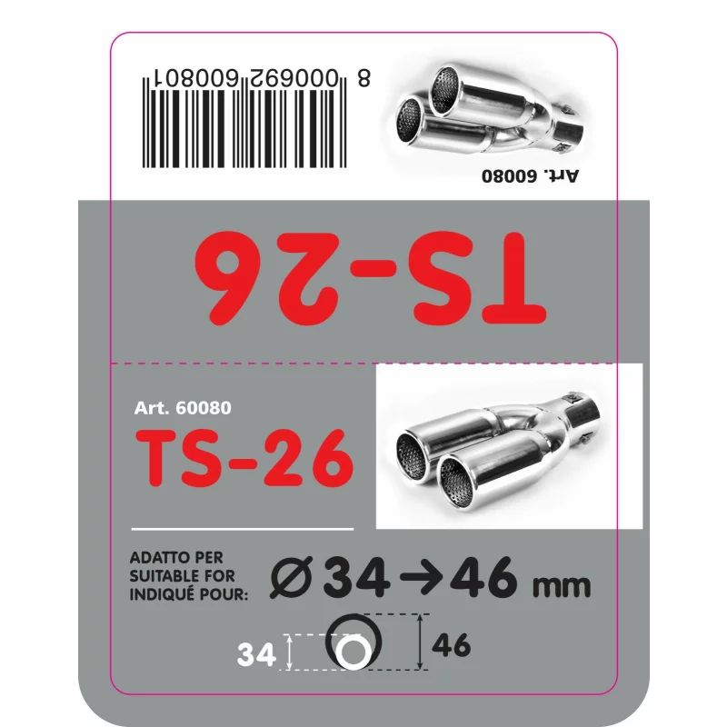 Ornament tobă eșapament dublu TS-26 din inox lustruit, Ø34-46 mm