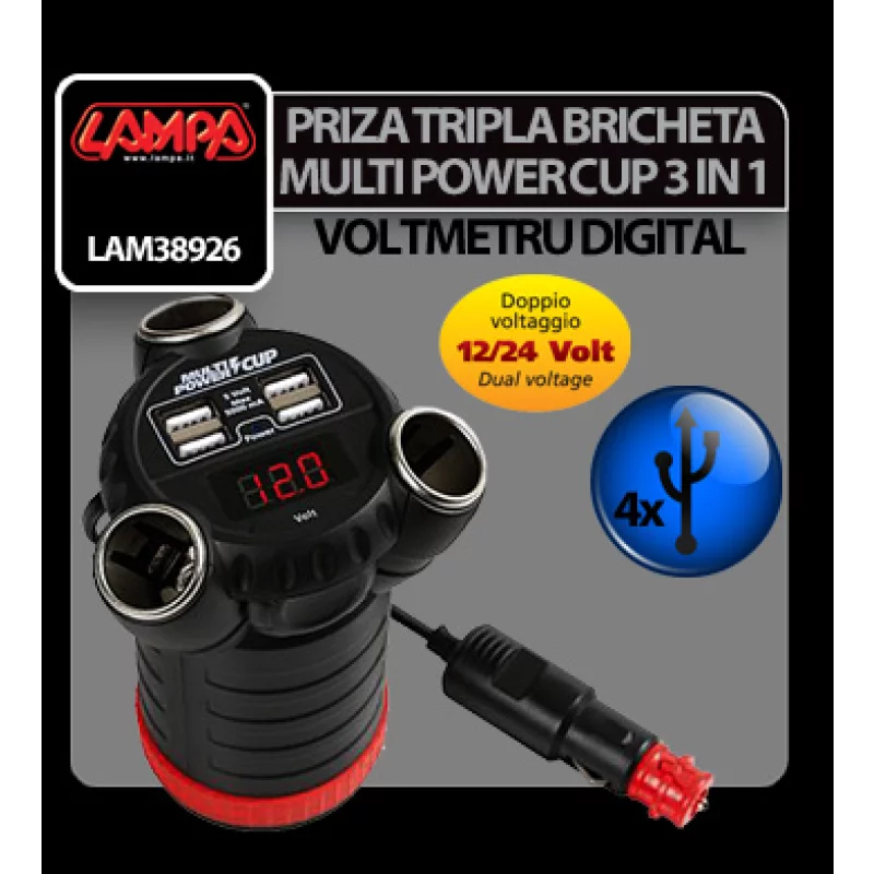 Priză triplă brichetă auto cu 4 USB și voltmetru Multi Power Cup 12/24/36V