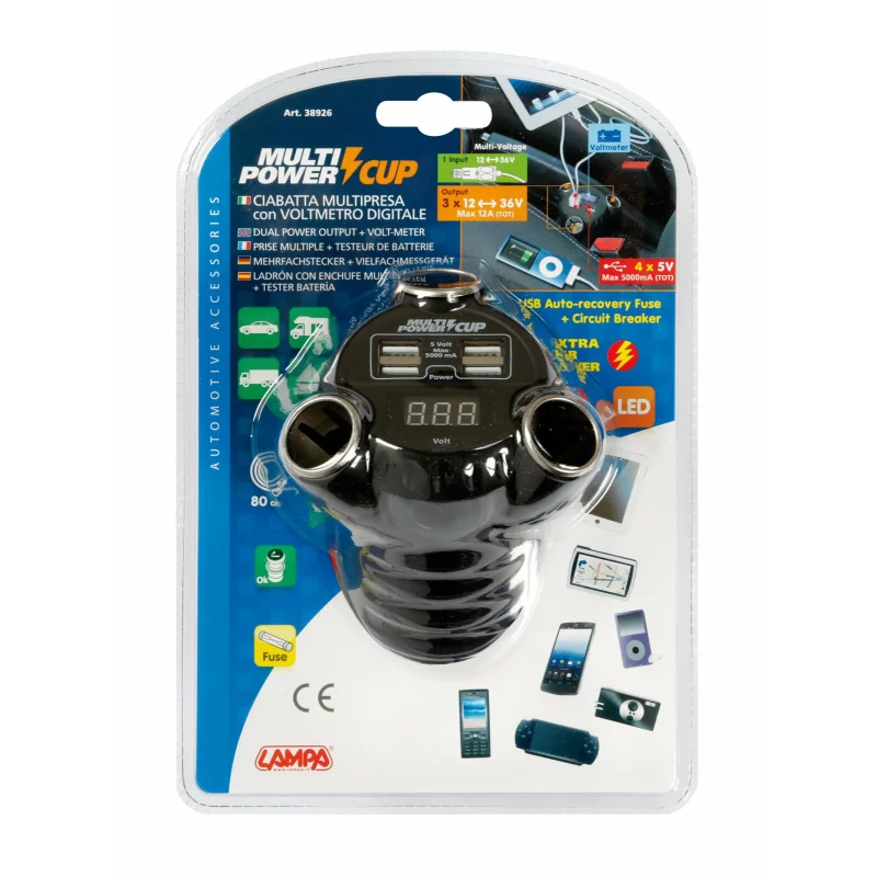 Priză triplă brichetă auto cu 4 USB și voltmetru Multi Power Cup 12/24/36V