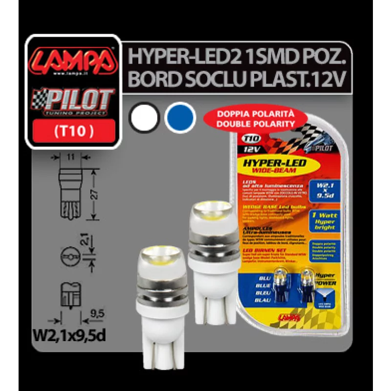 Bec LED T10 albastru 12V 1W pentru iluminare interioara auto, set 2 buc