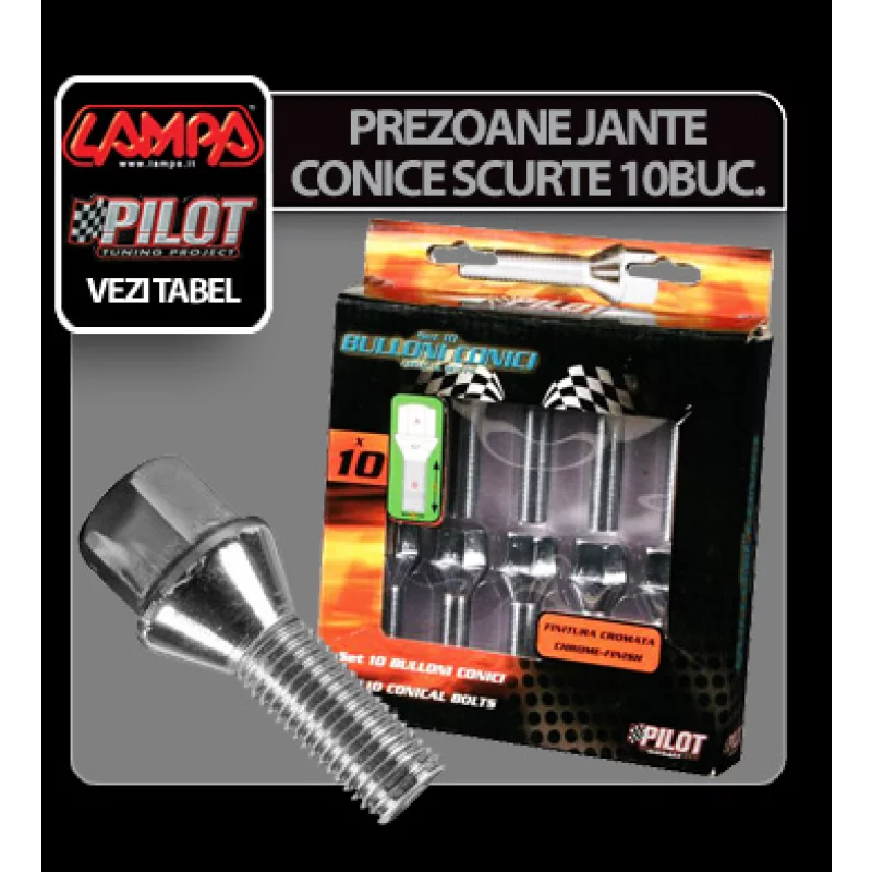 Set 10 prezoane conice scurte pentru jante M12x1,5, otel cromat