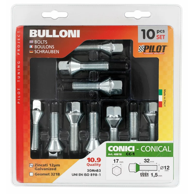 Set 10 prezoane conice scurte pentru jante M12x1,5, otel cromat