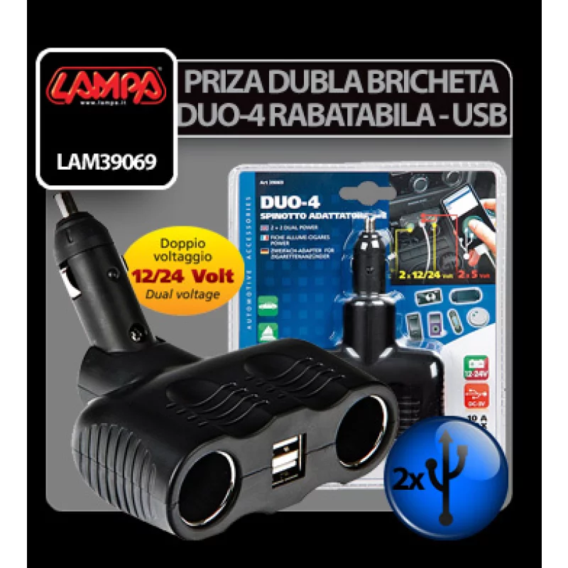 Priza dubla auto rabatabila 12/24V cu 2 porturi USB Duo-4