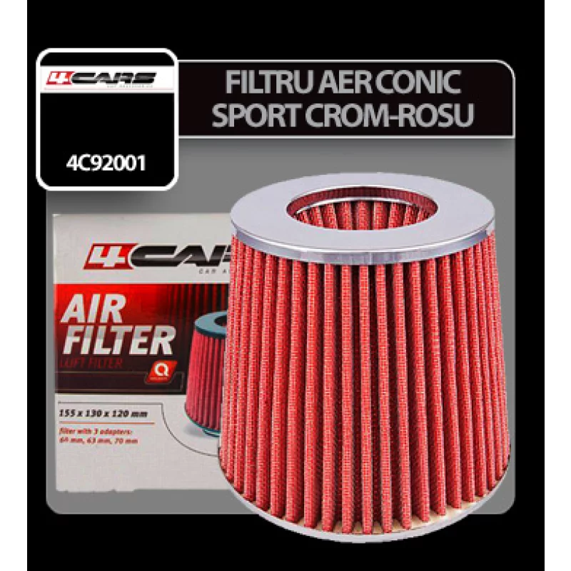 Filtru aer conic sport 4Cars crom rosu cu adaptoare 60-70 mm