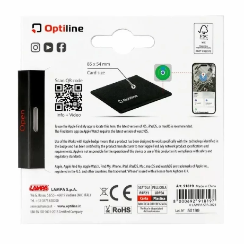Localizator obiecte Optiline Flex ultra-subtire cu adeziv, compatibil Apple Find My