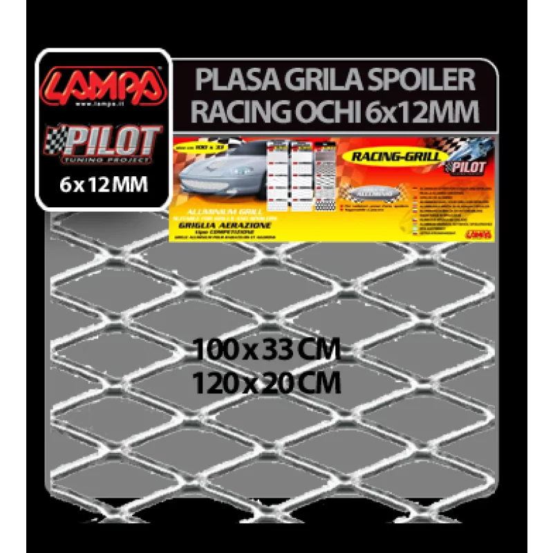 Plasă grilă spoiler racing argintie din aluminiu, ochi 6x12 mm, 100x33 cm