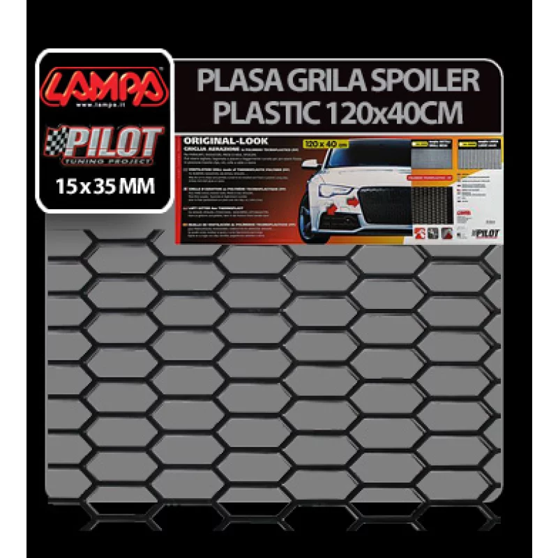Plasă grilă spoiler auto din plastic negru, hexagon mare 15x35 mm, 120x40 cm