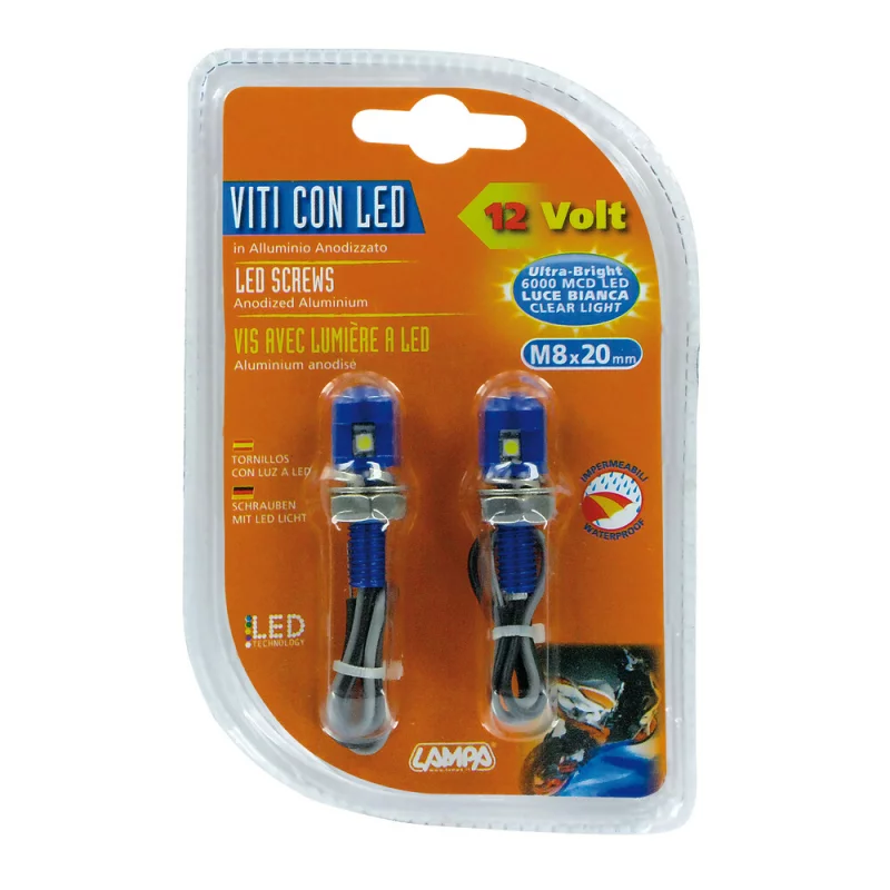 Șuruburi M8 cu LED alb pentru moto, aluminiu albastru, set 2 buc