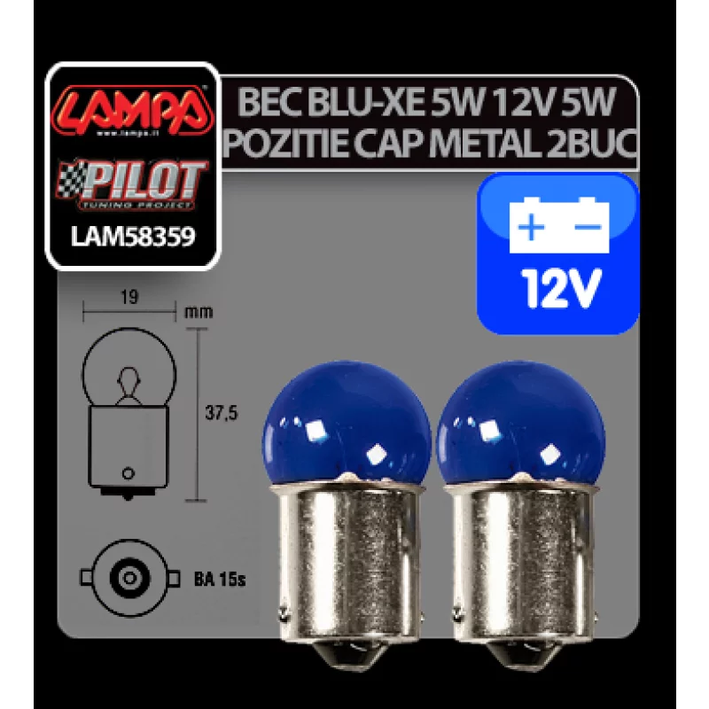 Bec poziție auto Blu-Xe BA15s 12V 5W albastru, set 2 bucăți