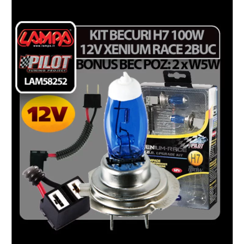 Set 2 becuri halogen auto H7 12V 100W Xenium Race PX26d cu pachet bonus