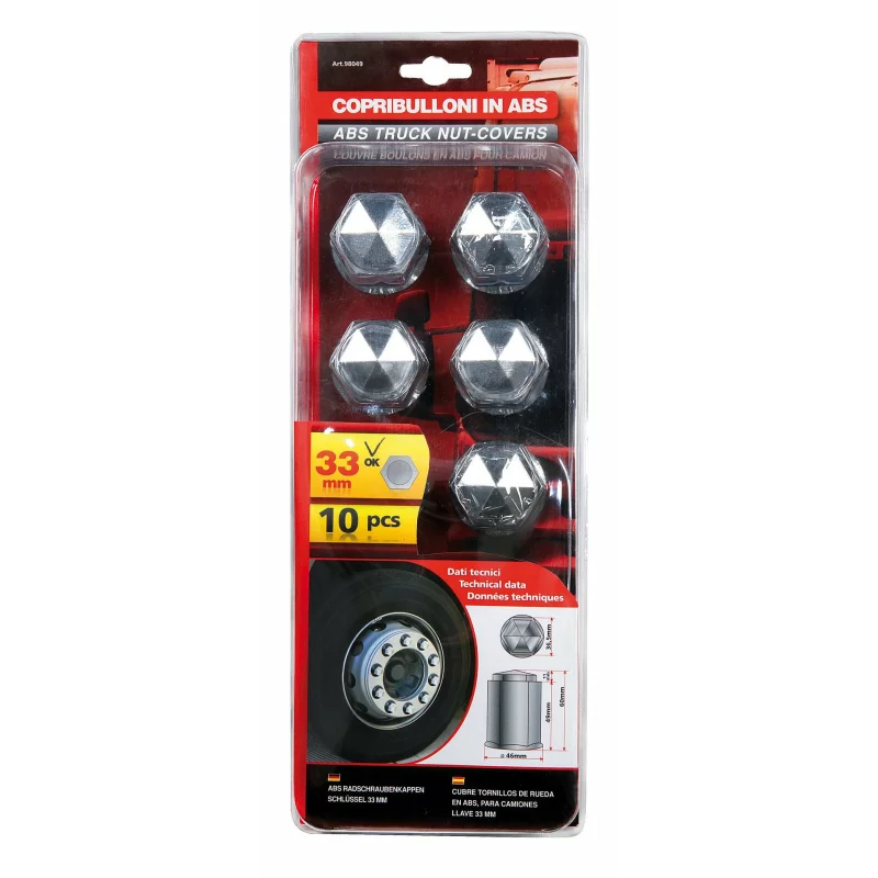 Set 10 capace prezoane camion ABS 33 mm, crom, cap hexagonal cu gat lung