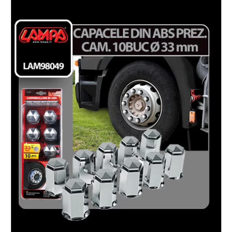 Set 10 capace prezoane camion ABS 33 mm, crom, cap hexagonal cu gat lung