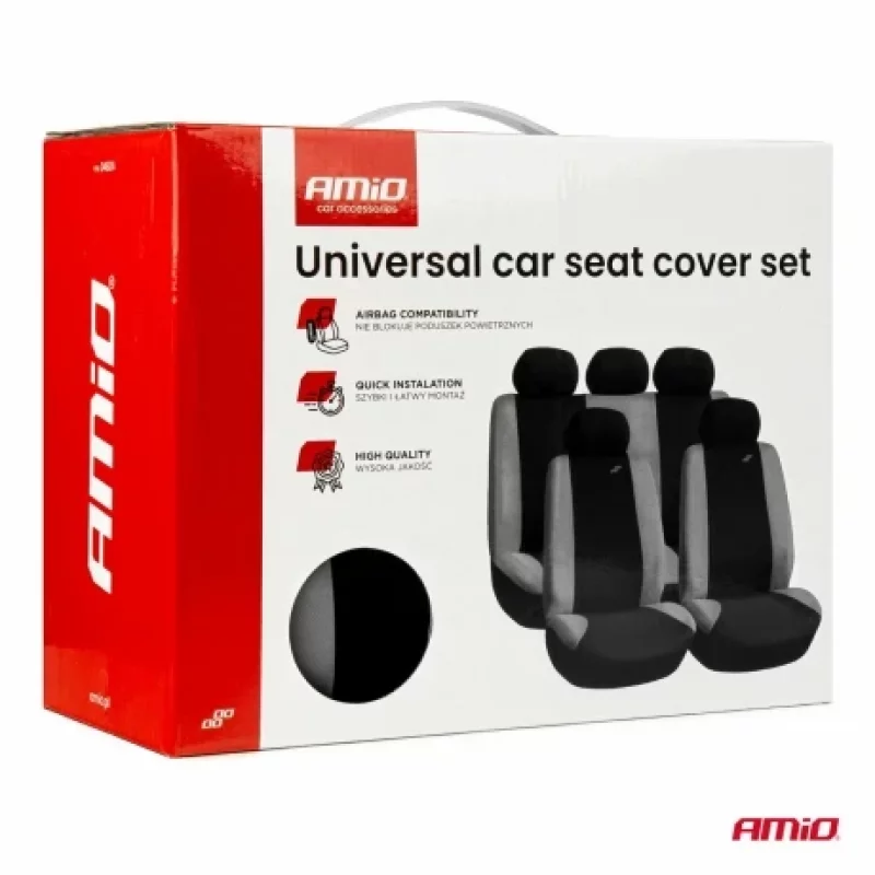 Huse scaun universale auto Amio SC-04, set 9 piese, negru/gri