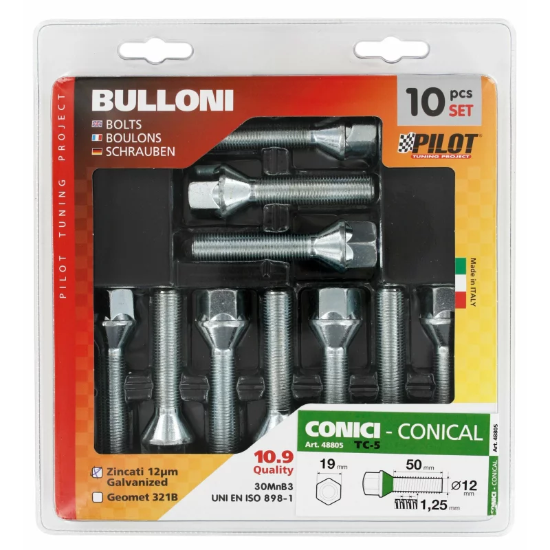 Set 10 prezoane jante conice M12x1,25, 50 mm, otel cromat TC5