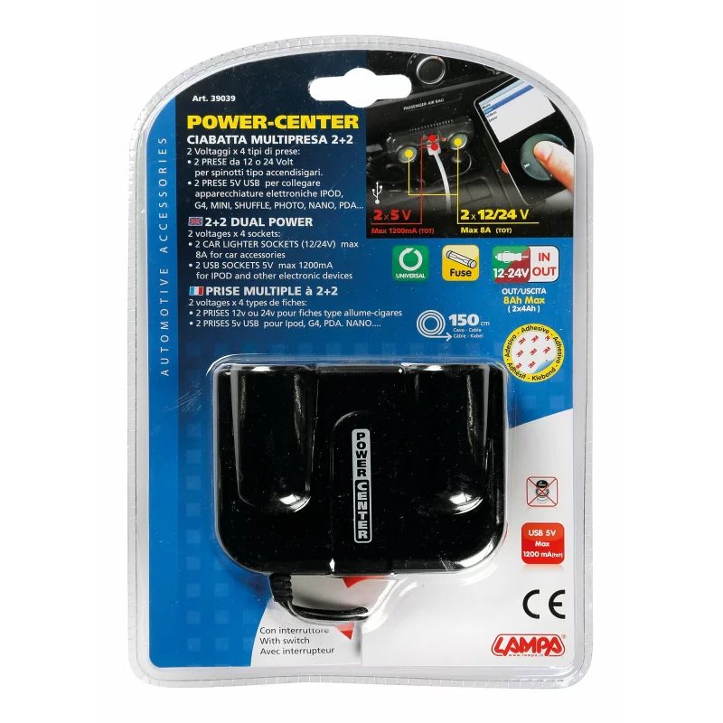 Priză dublă brichetă auto 12/24V cu 2 porturi USB, cablu 150 cm
