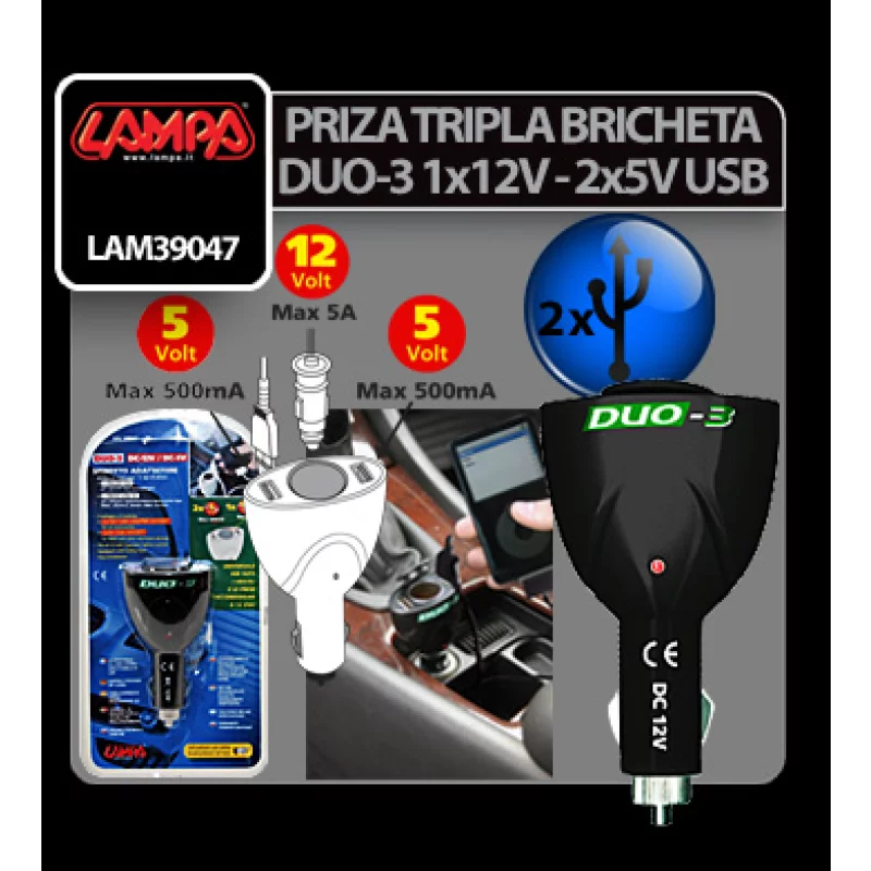 Priză triplă brichetă auto Duo-3 12V cu 2 porturi USB, Lampa