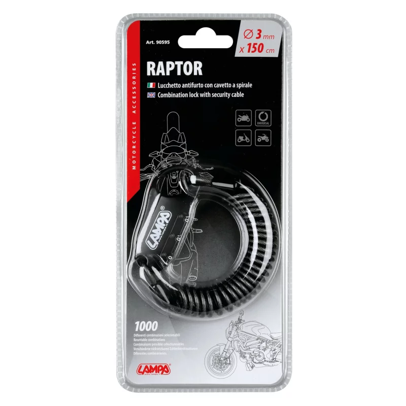 Antifurt cu cablu spiralat si cifru resetabil Raptor, 150 cm