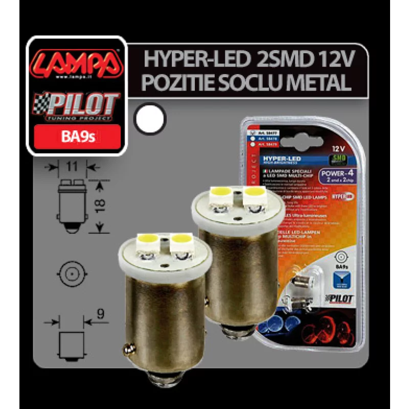 Bec LED BA9s 12V alb, 2 SMD, set 2 buc pentru iluminare interioara auto