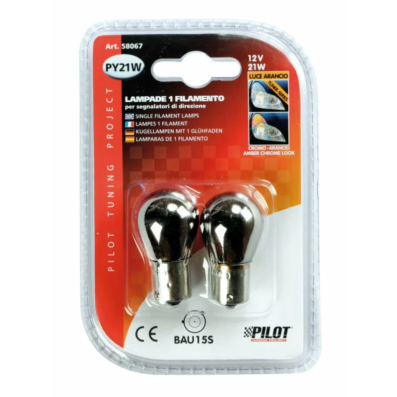 Bec auto semnalizare BAU15s 12V 21W cromat, portocaliu la aprindere, 2 buc