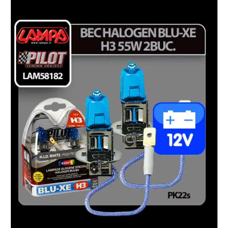 Bec halogen auto H3 55W 12V Blu-Xe PK22s, set 2 bucăți