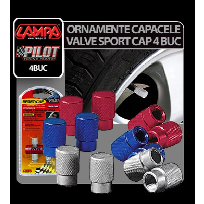 Set 4 capace valve Sport Cap din aluminiu, universale auto si bicicleta