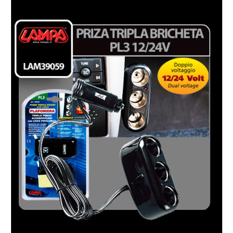 Priză triplă brichetă auto 12/24V cu cablu prelungitor 200 cm Lampa