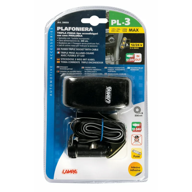 Priză triplă brichetă auto 12/24V cu cablu prelungitor 200 cm Lampa