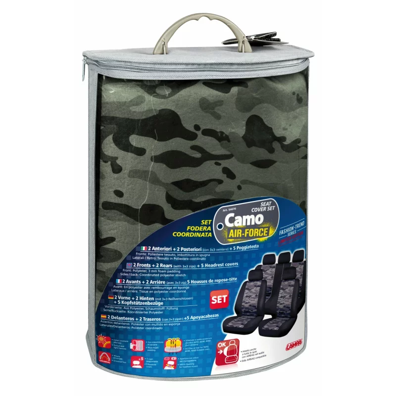 Huse scaun auto universale camuflaj, 9 piese, compatibile airbag
