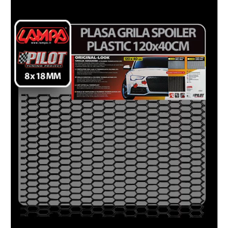 Plasă grilă spoiler auto din plastic negru, hexagon mic 8x18 mm, 120x40 cm